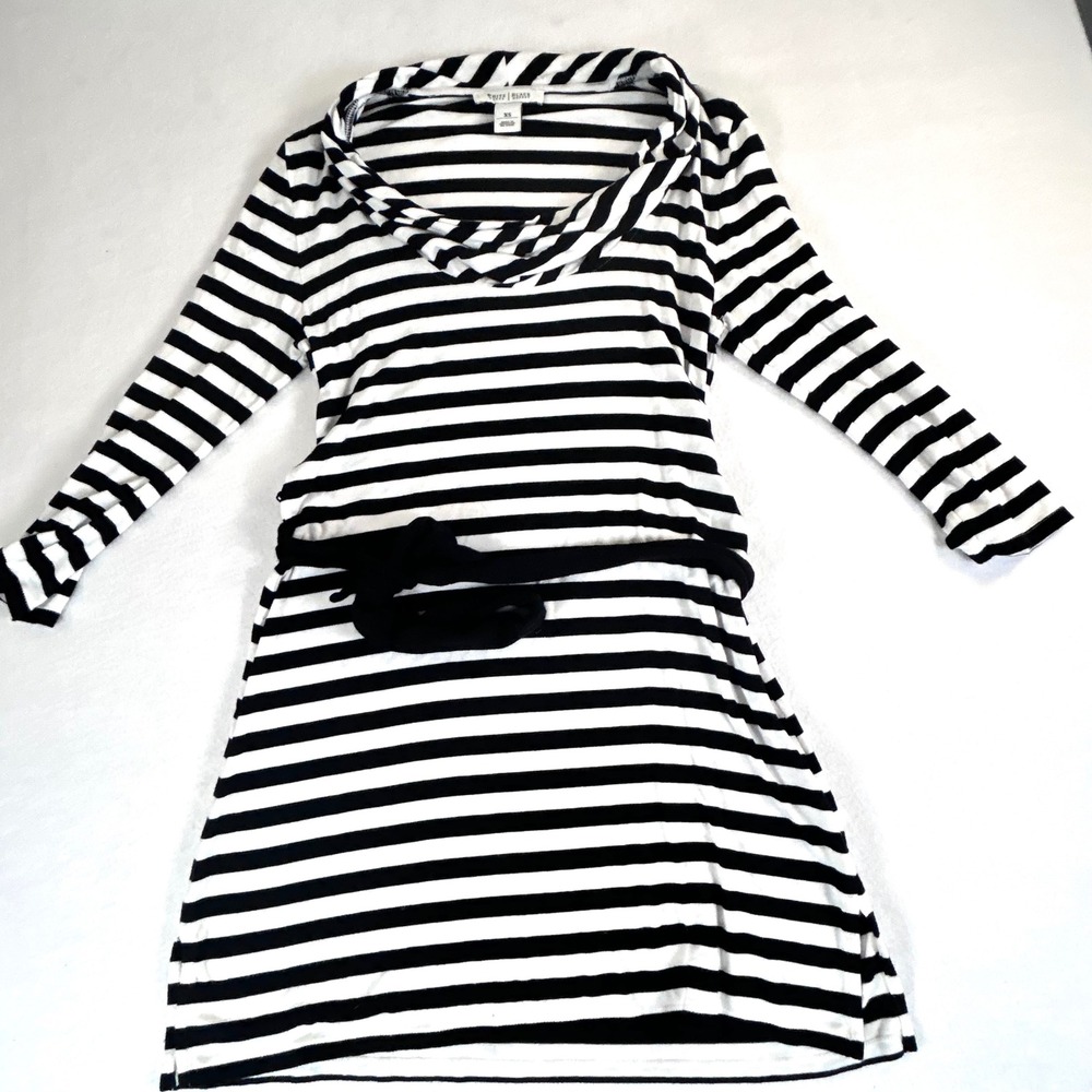 White House Black Market XS Striped Cowl Neck Belted Dress Blak White 4501138326